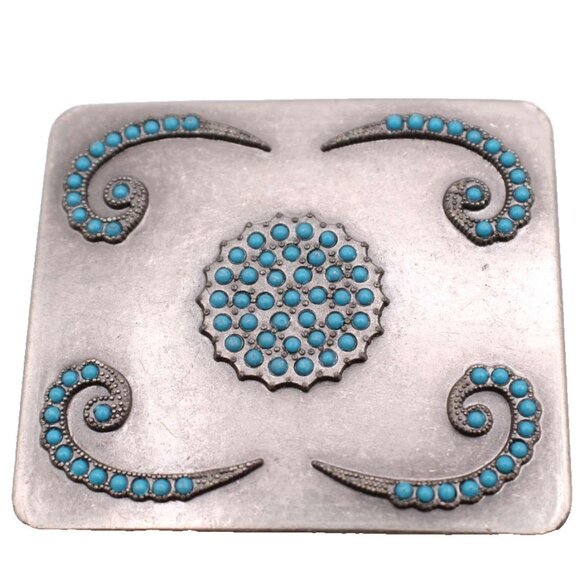 Turquoise Beaded Scrollwork Belt Buckle Western Ornate Metal Vintage Cowboy